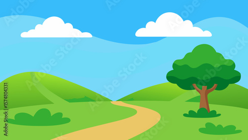 Cartoon landscape with rolling green hills a winding path and a single tree