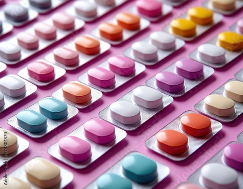Multiple colorful blister packs placed on a soft pastel surface.