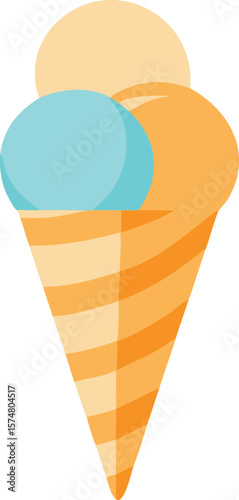 Flat illustration of a triple scoop ice cream cone dessert sweet