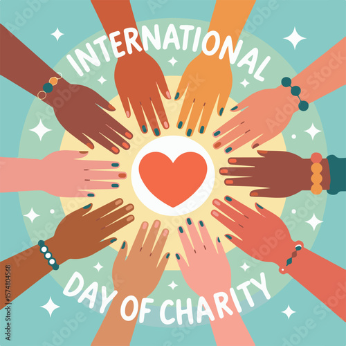 International Day of Charity Celebration Concept with Helping Hands and Heart Symbols