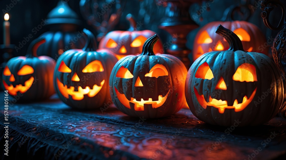 Fototapeta premium Glowing Pumpkins with Carved Faces Stand on a Table
