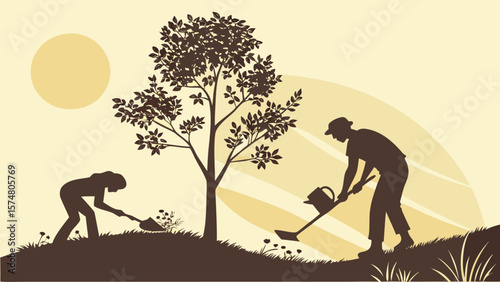 Serene Silhouette of Two Gardeners Tending a Young Tree at Sunset, Peaceful Rural Landscape,  Brown and Beige Color Palette,  Tranquil Gardening Scene,  Stock Image.