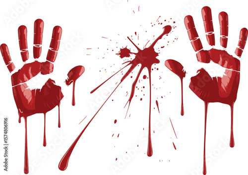 Bloody handprints dripping red ink with bloodlines text, horror crime scene illustration, dramatic forensic evidence graphic for dark thriller design