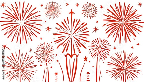 Red fireworks display with various star shapes on white background  