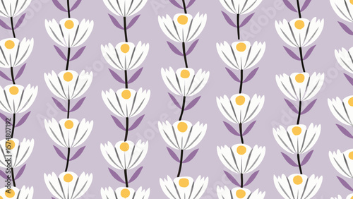 Repeated floral pattern with white flowers and purple stems on a light purple background field