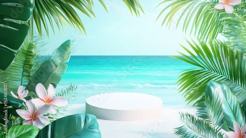 Tropical beach scene with white podium under palm leaves, ocean view, summer ad