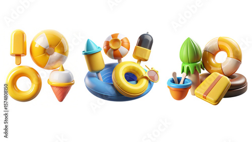 3D Inflatable Swim Ring Icon Set – Colorful Pool Toy Vector Illustration