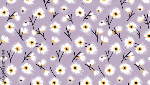 Aesthetic floral pattern with white daisy like flowers and dark stems on a light purple background