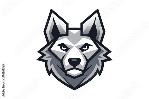 Fierce wolf head with pointed ears and icy gaze stares intensely forward