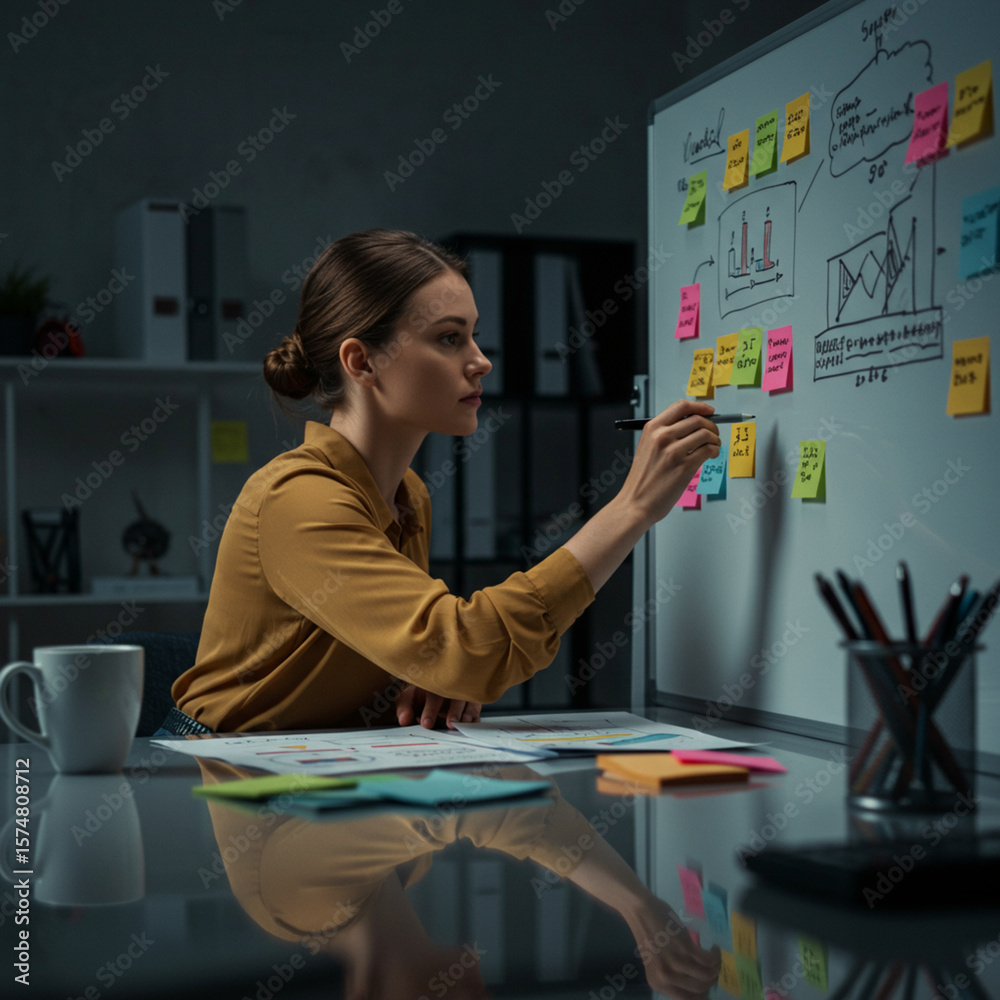 Fototapeta premium Focused Entrepreneur Outlines Business Plan in Studio. High Detail, 8K.