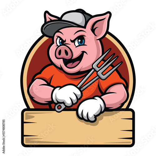 Smiling cartoon pig mascot holding a barbecue fork and wearing a cap