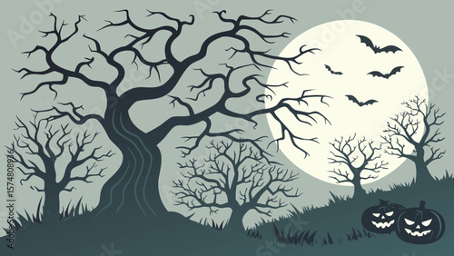 Spooky Halloween vector illustration featuring gnarled, bare trees silhouetted against a large, pale moon, accompanied by flying bats and grinning jack-o'-lanterns in a stylized, minimalist design.