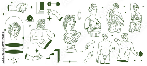 Floral ancient Greek male and female statues isolated clip art bundle, antique sculptures with flowers black white line figures, hand drawn women bust with botanical bouquet 