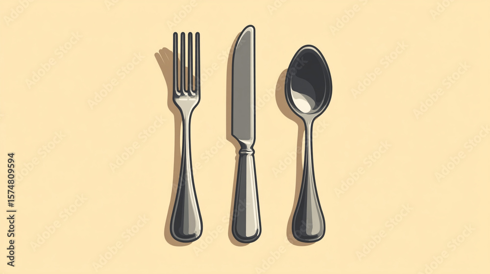 A simple illustration of a fork knife and spoon arranged neatly on a light yellow background A simple illustration of a fork knife and spoon arranged neatly on a light yellow background