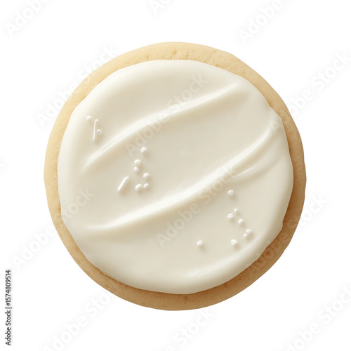 Delicious round cookie with white icing and sprinkles on transparent background