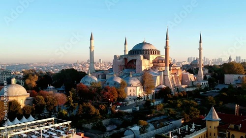 An aerial view of the hagia sophia at sunset