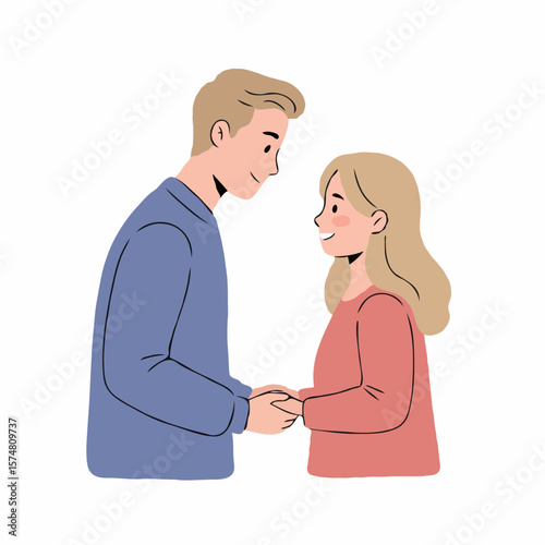 Happy young couple tenderly holding hands representing romance against an isolated background with copy space.