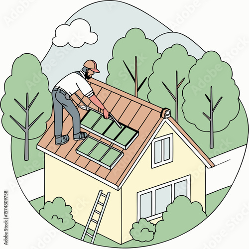 Handyman installing solar panels on rooftop, ideal for renewable energy, green living, or sustainability ads.