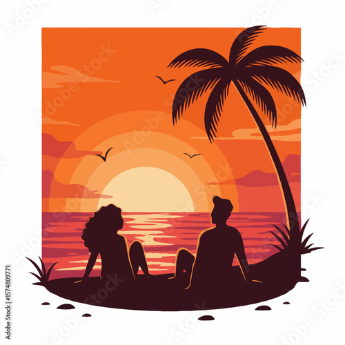 Silhouetted couple peacefully watching the tropical sunset on a beach representing a romantic vacation.