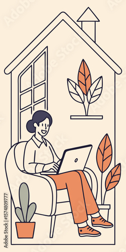 Smiling freelancer working on laptop, ideal for remote work, entrepreneurship, or creative lifestyle ads.