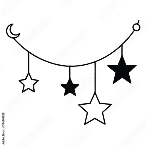 Simple crescent moon and stars garland silhouette isolated on white background