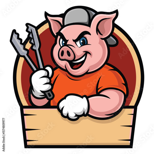 Happy cartoon pig chef holding barbecue tongs with a blank sign