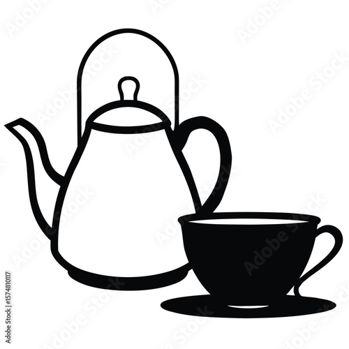 Black silhouette of a teapot and cup with saucer isolated on white background