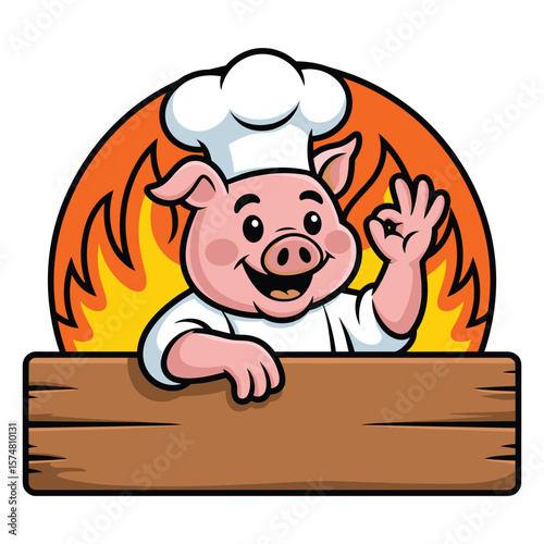 Happy cartoon pig chef wearing a chef hat giving an ok sign