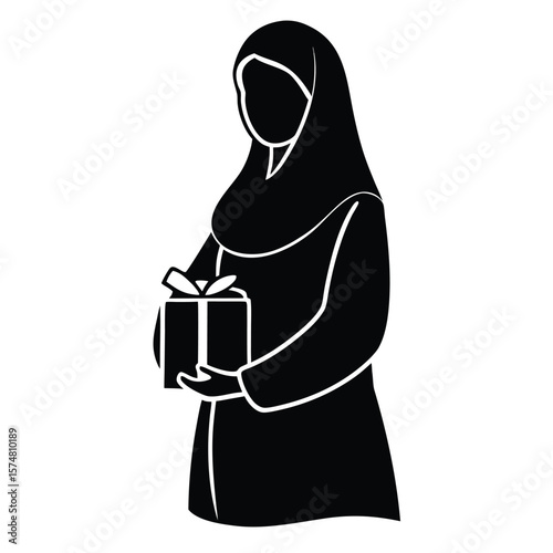 Woman in hijab holding a gift box silhouette isolated on white background