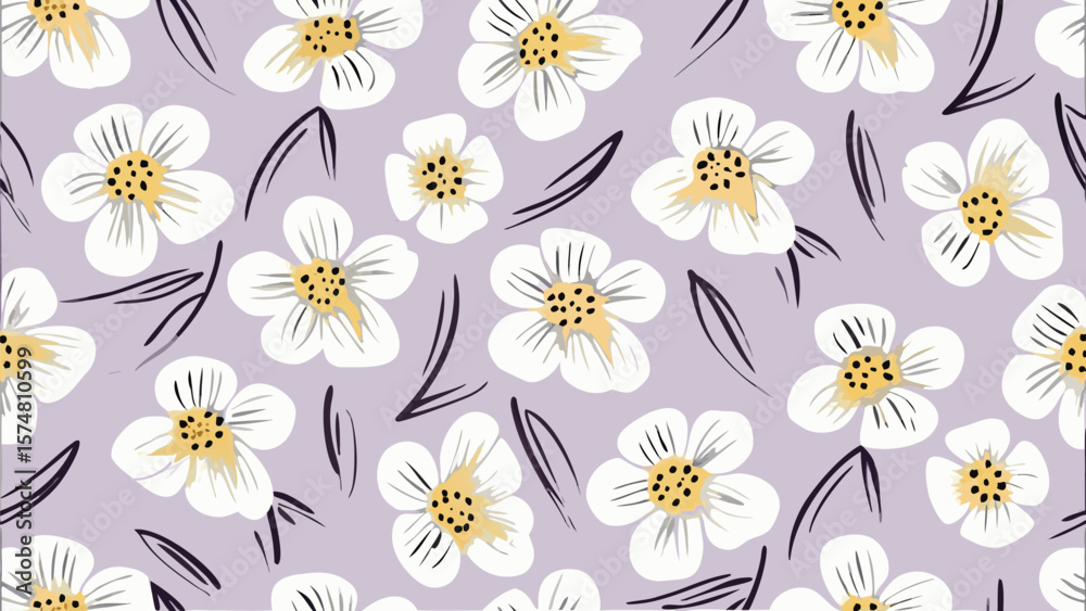 Obraz premium Seamless pattern of white flowers with yellow centers and dark leaves on a light purple background