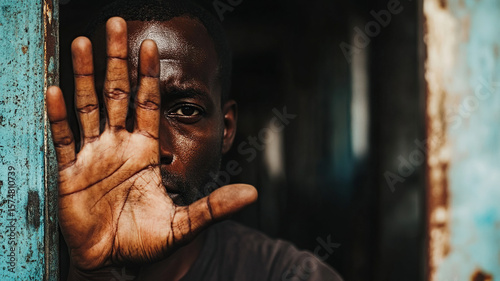 Person raising hand dark close up, World Day against Trafficking in Persons