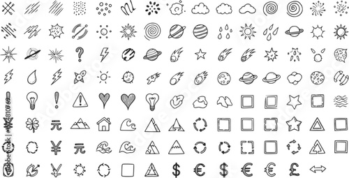 Сollection of various black doodle elements, manga-style illustration pictogram icon set. EPS 10 version.