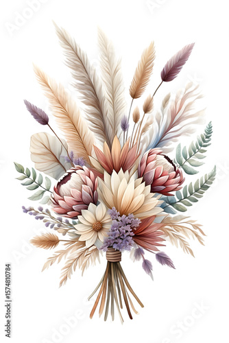 A Delicate Bouquet of Dried and Fresh Flowers Featuring Cream Beige Pink and Purple Tones Arranged in a Romantic Style with Pampas Grass and Protea Flowers Tied with a