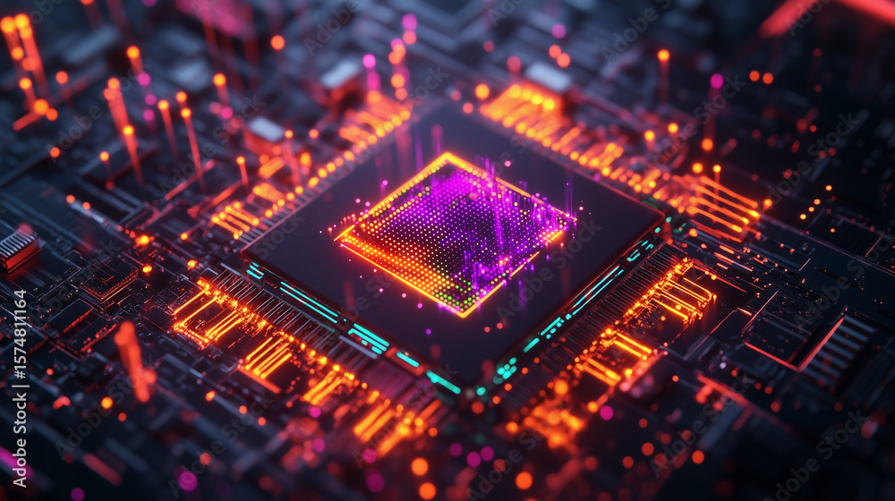Cinematic AI Chip Close-Up: Black Ceramic Substrate with Gold Pins, Neon Cyan Energy Pulses, and Holographic Performance Metrics Cinematic AI Chip Close-Up: Black Ceramic Substrate with Gold Pins, Neon Cyan Energy Pulses, and Holographic Performance Metrics