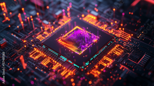 Cinematic AI Chip Close-Up: Black Ceramic Substrate with Gold Pins, Neon Cyan Energy Pulses, and Holographic Performance Metrics