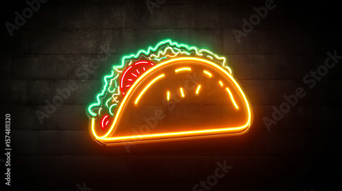 A neon sign depicting a taco with green lettuce and red tomato against a dark brick wall background