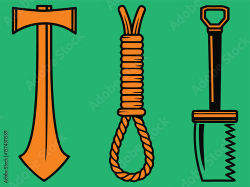 Cartoon Axe, Noose, and Shovel: Orange Tools on a Green Background, Simplified Illustration