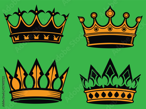 Collection of Four Elegant Crown Designs on Green Background for Royalty Concepts