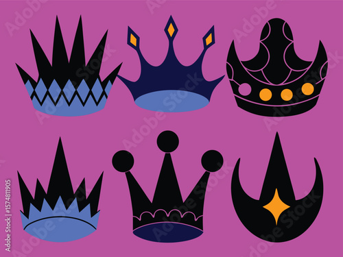 Collection of Six Graphic Crowns with Unique Designs and Bright Pink Background