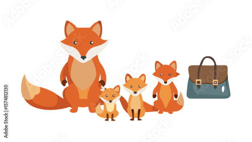 Cute fox family vector illustration with mom dad and babies with a bag for graphic design use