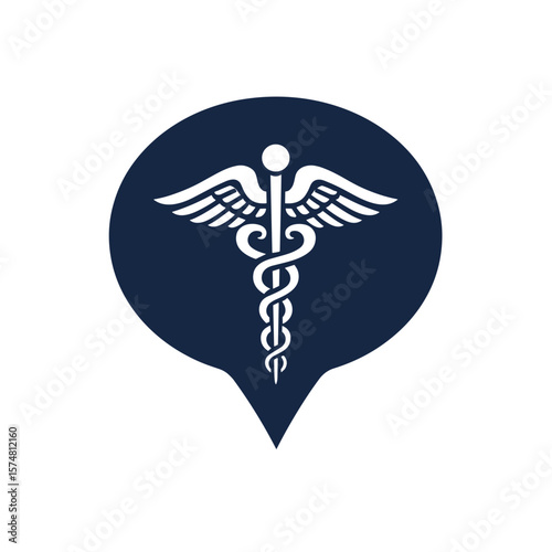 A stylized vector graphic depicts a medical symbol inside a speech bubble shape, isolated against a plain backdrop. The image is simple.