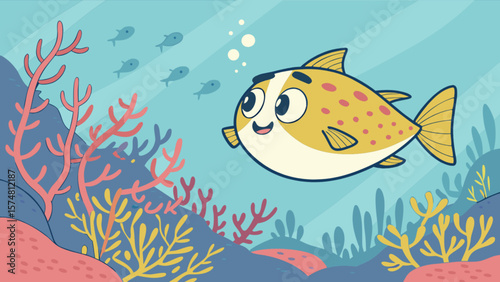 Cartoon pufferfish swimming in ocean with coral reef vector illustration for kids and children design