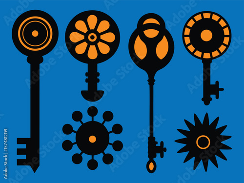 Decorative Vintage Keys and Sprockets on Blue Background, Black and Orange Art