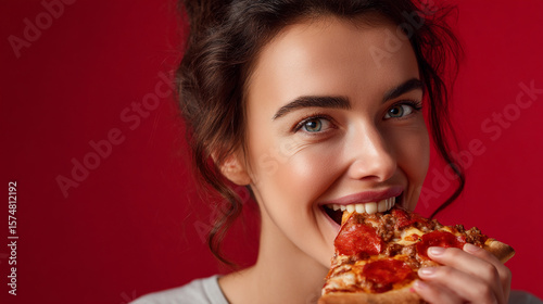 Portrait of a smiling woman with dark hair eating a slice of pepperoni pizza on red background