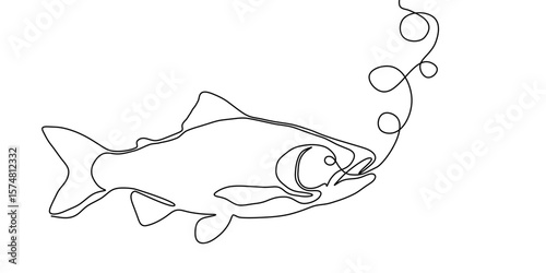 Salmon line fish continuous vector art icon tuna drawing trout seafood. Line fish salmon hand one simple outline illustration water type food hook linear sea fin pond day sketch silhouette logo ocean.