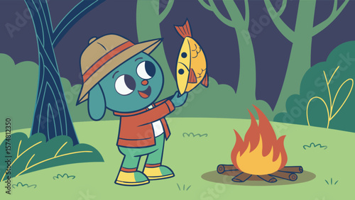 Cartoon dog camping trip illustration with campfire and fish catch for kids storybook design