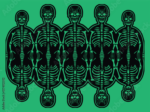 Green Background with Black Skeletons Illustration, Halloween Skeleton Art Design