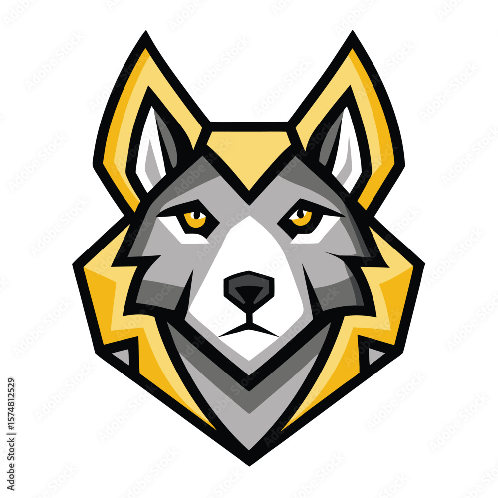 Fototapeta premium Gray wolf head with yellow accents features a bold and fierce geometric animal