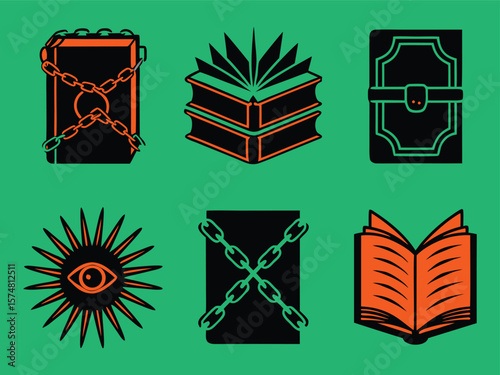 Illustrative esoteric books with chains, lock and eye symbol on green background