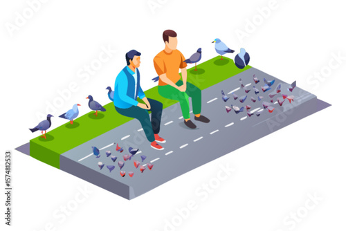 Men feeding pigeons on street vector illustration of urban scene with birds and people isometric view